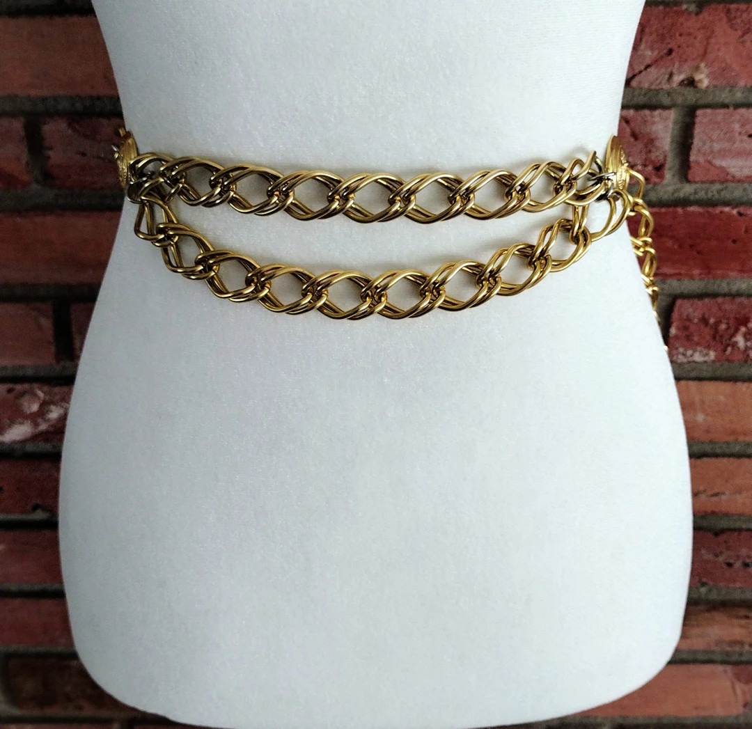 Vintage Chain Belt Liz Claiborne Gold Metal Curb Chain Double Strand Chains Round Medallion Coat ... | Etsy (US)