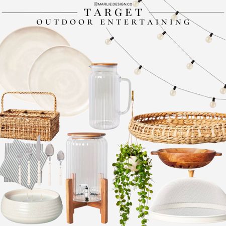 Outdoor Entertaining | Target | hearth and hand with magnolia | melamine plates | plastic tumblers | woven tray | string lights | faux hanging plant | beverage dispenser | pitcher | citronella candle | utensil holder | food cover 

#LTKSeasonal #LTKhome #LTKunder50