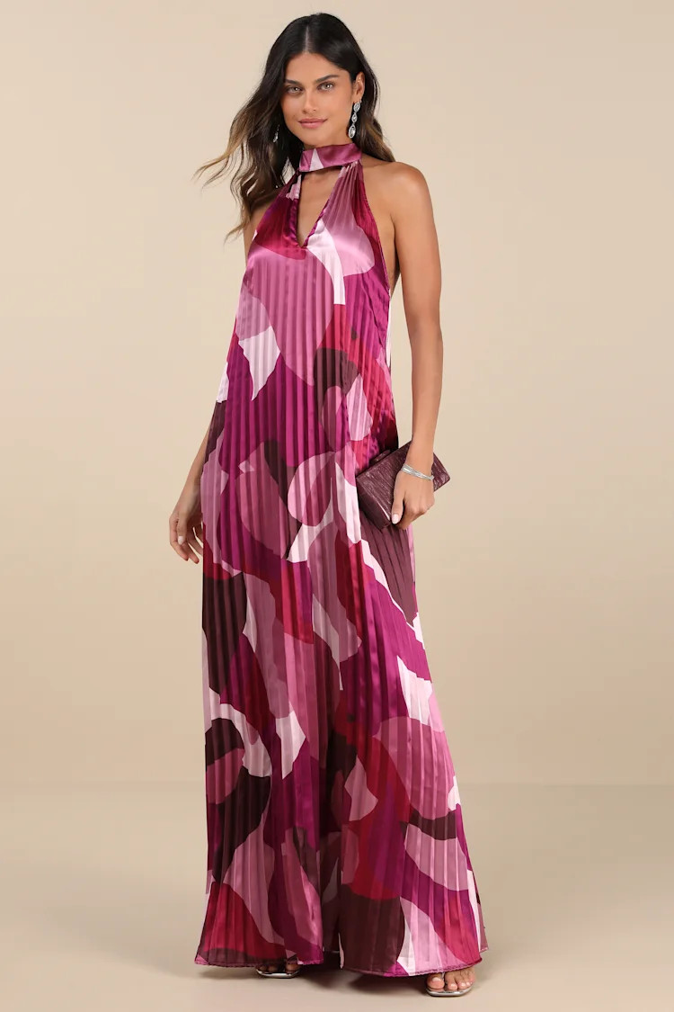 Prime Poise Pink Multi Abstract Satin Halter Maxi Dress | Lulus