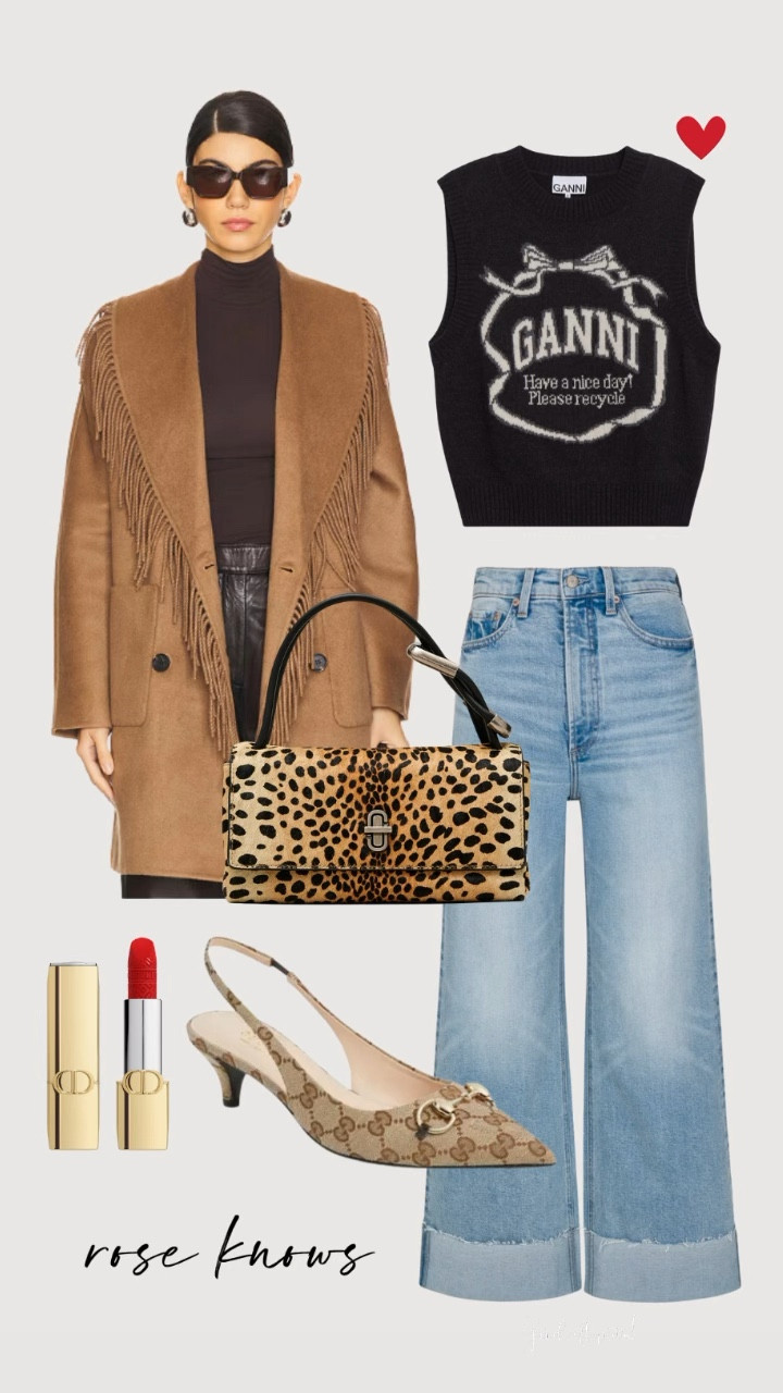 Love this combo! Of course you can layer a tee or shirt under the ganni vest! And cuffed jeans are very popular right now and very cool! 
Good price on rails camel fringe coat and jeans too 

#LTKStyleTip #LTKTravel #LTKWorkwear