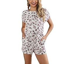 Women 2019 Summer Short Sleeves Crew Neck Vintage Floral Print Leopard Drawstring Waist Belt Romp... | Amazon (US)