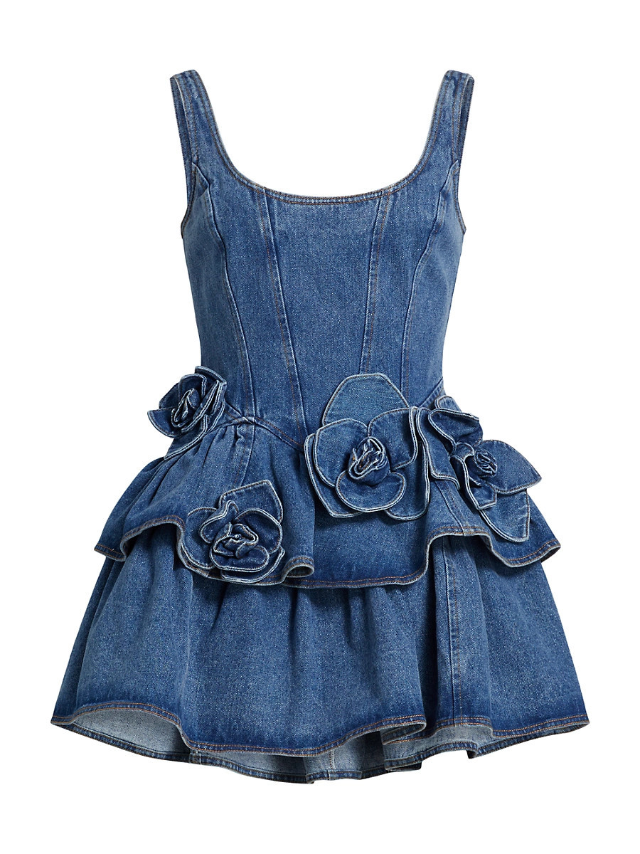 Women's Devyn Saxe Tiered Rosette-Detailed Denim Minidress - Saxe Blue - Size 0 | Saks Fifth Avenue