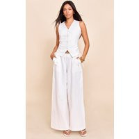 White Premium Linen Side Tie Detail Wide Leg Pants | PrettyLittleThing US