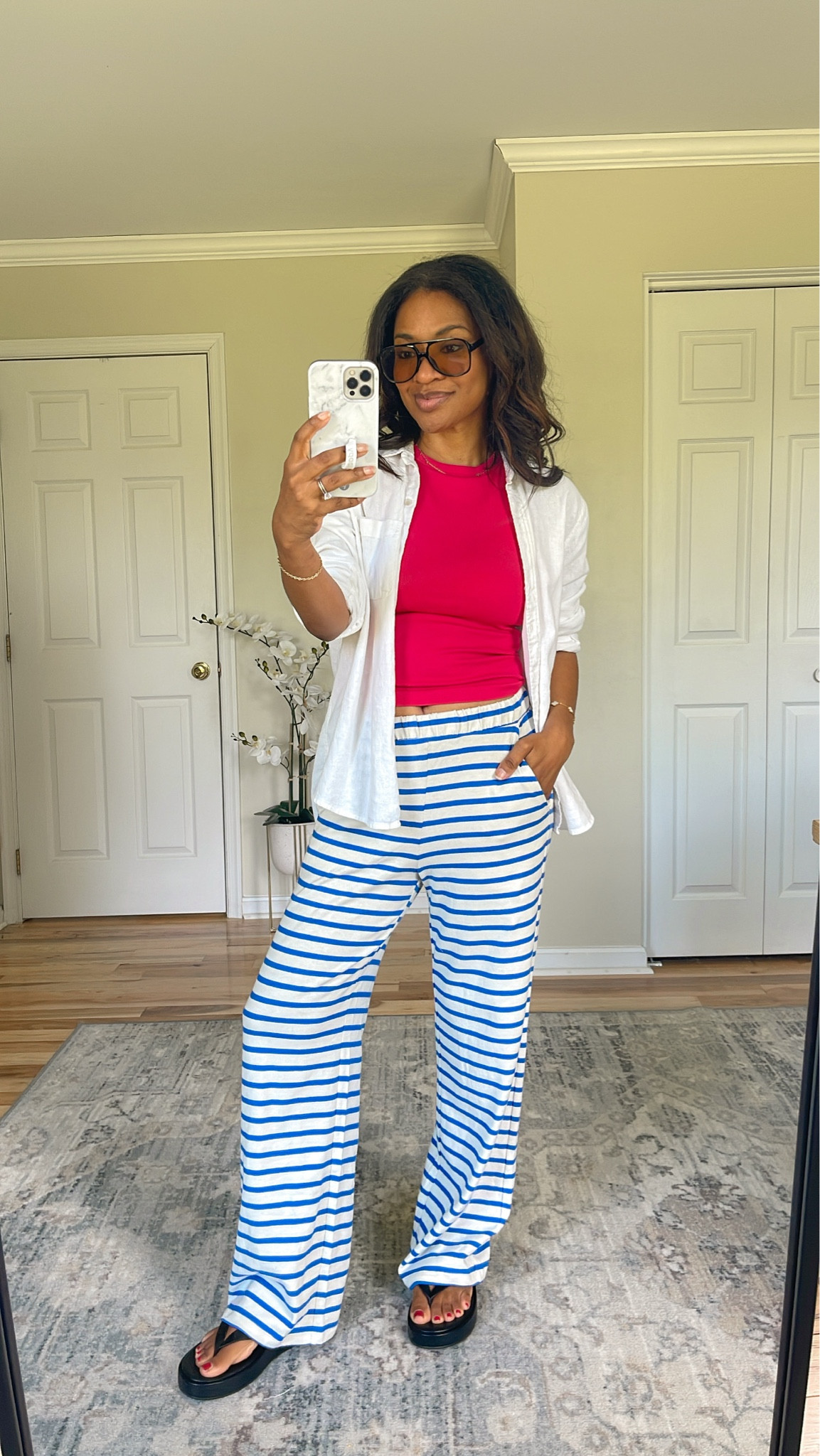 Wearing a medium in the top (I recommend sizing up at least two sizes if you have a large cup size like I do). And wearing a small in the pants which are TTS. Wearing a medium in the linen button down (linking similar ones) 

#LTKOver40 #LTKgrwm #LTKootd