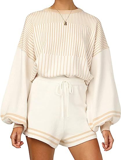 Dqbeng 2 Piece Outfits for Women Knitted Striped Long Sleeve Shirt Shorts Lounge Set | Amazon (US)