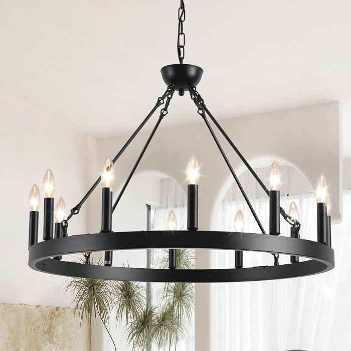 Wagon Wheel Chandelier 32" 12-Light, Round Black Chandeliers Farmhouse Modern Wagon Wheel Light F... | Amazon (US)