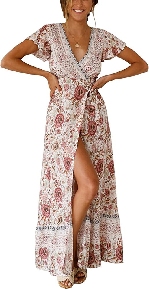 Women's Summer Short Sleeve Floral Print Bohemian Beach Waist Tie Wrap Long Flowy Dress with Slit | Amazon (US)