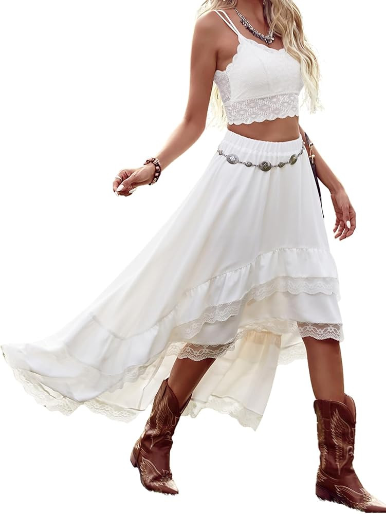 Verdusa Women's Western Boho Lace Ruffle Skirt Asymmetrical Country Cowgirl Skirts | Amazon (US)
