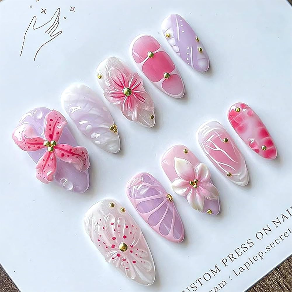 Handmade Press on Nails Spring Summer Fake Nails 3D Flower False Nail with Design Glossy Reusable... | Amazon (US)