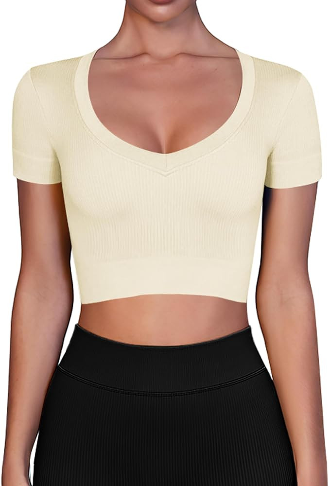 ZJCT Womens Crop Tops Deep V Neck Summer Workout Tops Seamless Ribbed Slim Fit Trendy Short Sleev... | Amazon (US)