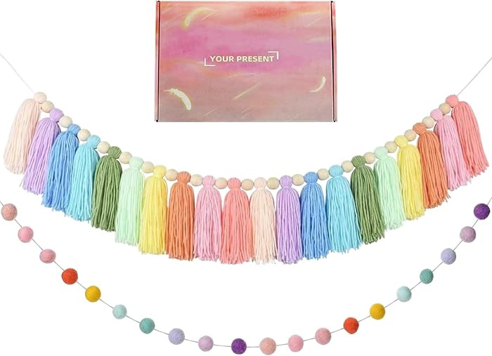 2pcs Boho Tassel Garland,Pom Pom Tassel,6.5 Feet Long 20 Balls Ball Garland,Colorful Wall Hanging... | Amazon (US)