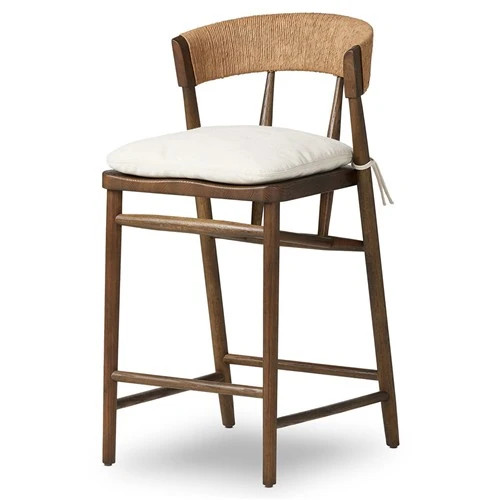 Tanner Updated Traditional Cream Performance Brown Oak Wood Woven Counter Stool | Kathy Kuo Home