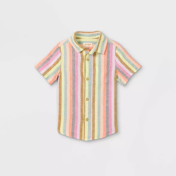 Toddler Boys' Striped Linen Woven Short Sleeve Button-Down Shirt - Cat & Jack™ Pink | Target
