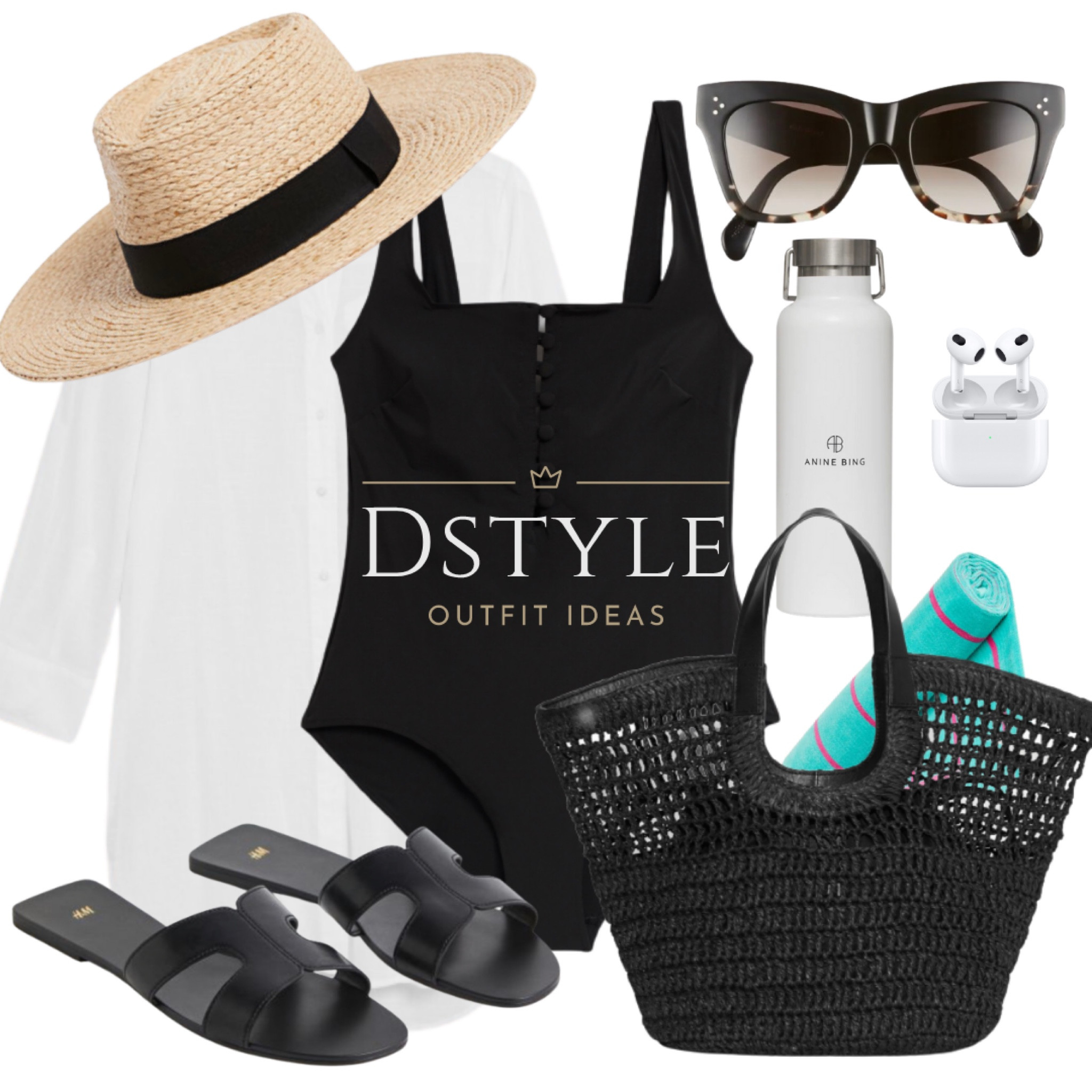 Vacation mode on with this chic beach ensemble! 🌴👙🕶️ From the trendy button-up swimsuit to the airy pure cotton cover-up, this look has got you covered for both style and comfort. Keep it cool and classy with a stylish straw hat, while the leather-trimmed basket bag adds a touch of sophistication. Slip into the sleek black slides, put on the butterfly sunglasses, and tune in to your favorite tunes with the air pods. Stay hydrated on-the-go with the water bottle and enjoy a relaxing time on the sand with the sand-resistant beach towel. Get ready to turn heads and make a statement with this ultimate vacation wear! 🌊☀️

#LTKstyletip #LTKFind #LTKSeasonal
