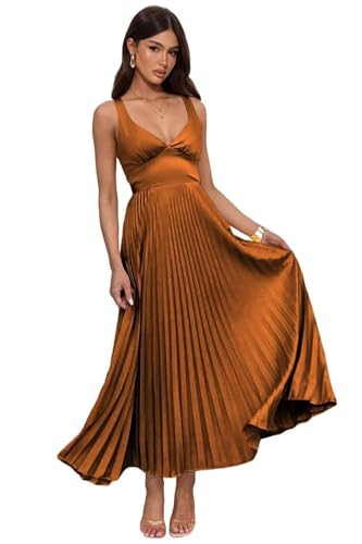 OEUVIGF Burnt Orange Bridesmaid Dress 2025 A Line V Neck Satin Pleated Corset Long Formal Party Dress 14 Burnt Orange | Amazon (US)