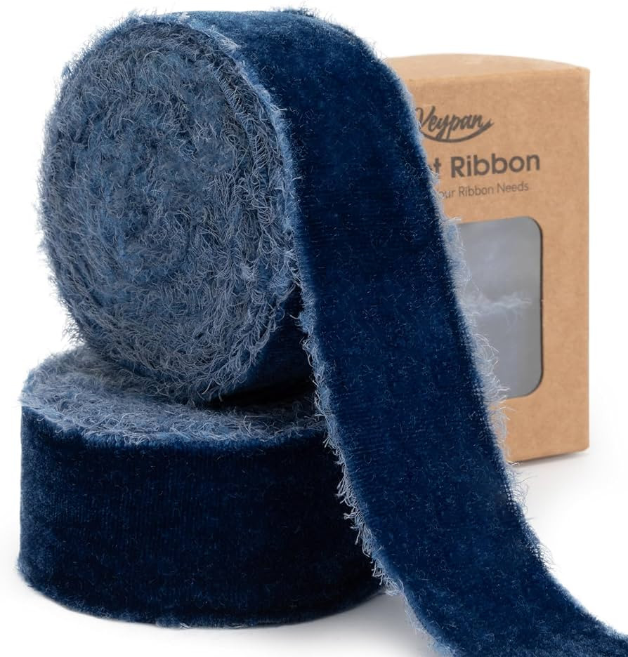 Blue Velvet Ribbon 1-1/2 Inch x 6 Yd Handmade Frayed Vintage Ribbons for Christmas Tree Home Deco... | Amazon (US)