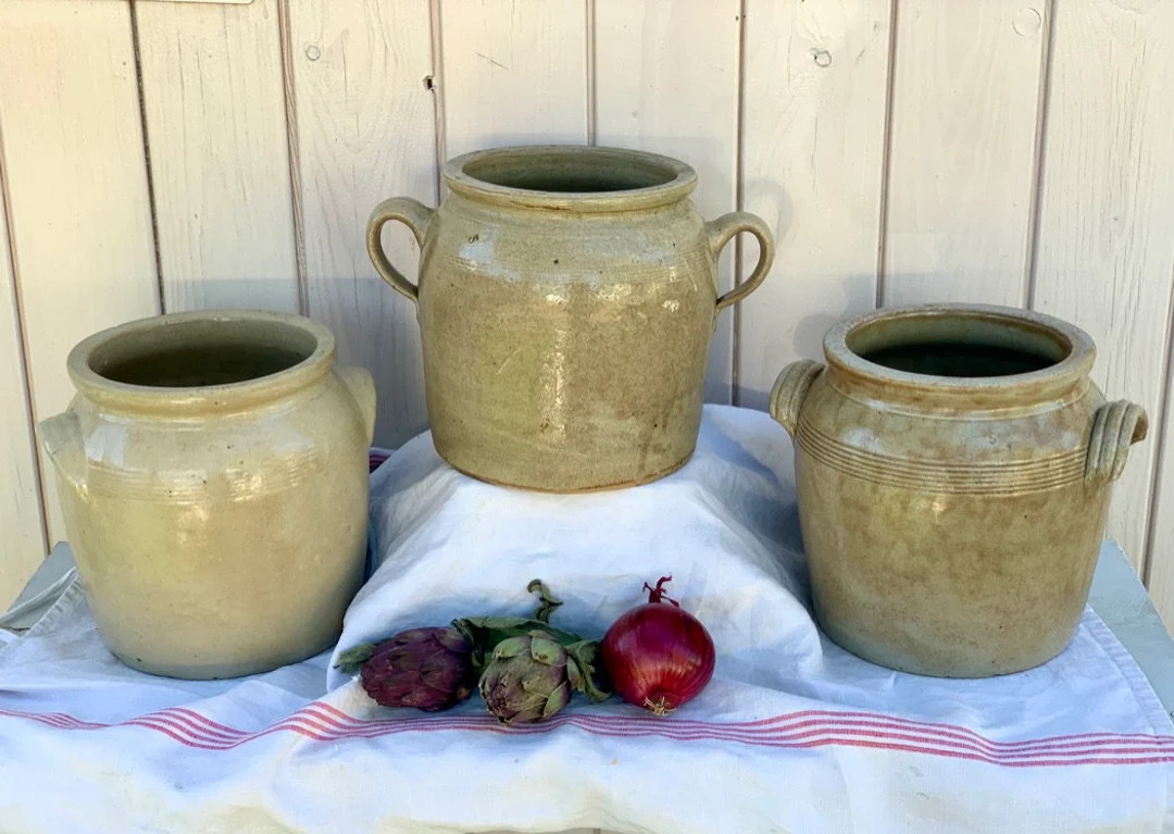 French glazed stoneware confit pots, Crockpots with handles, vintage 1930s rustic kitchen, countr... | Etsy (US)