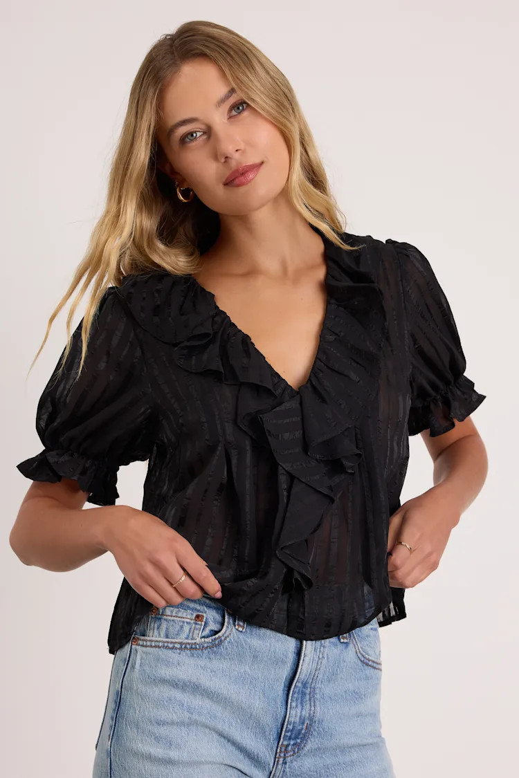Dania Black Striped Ruffled Short Sleeve Top | Lulus