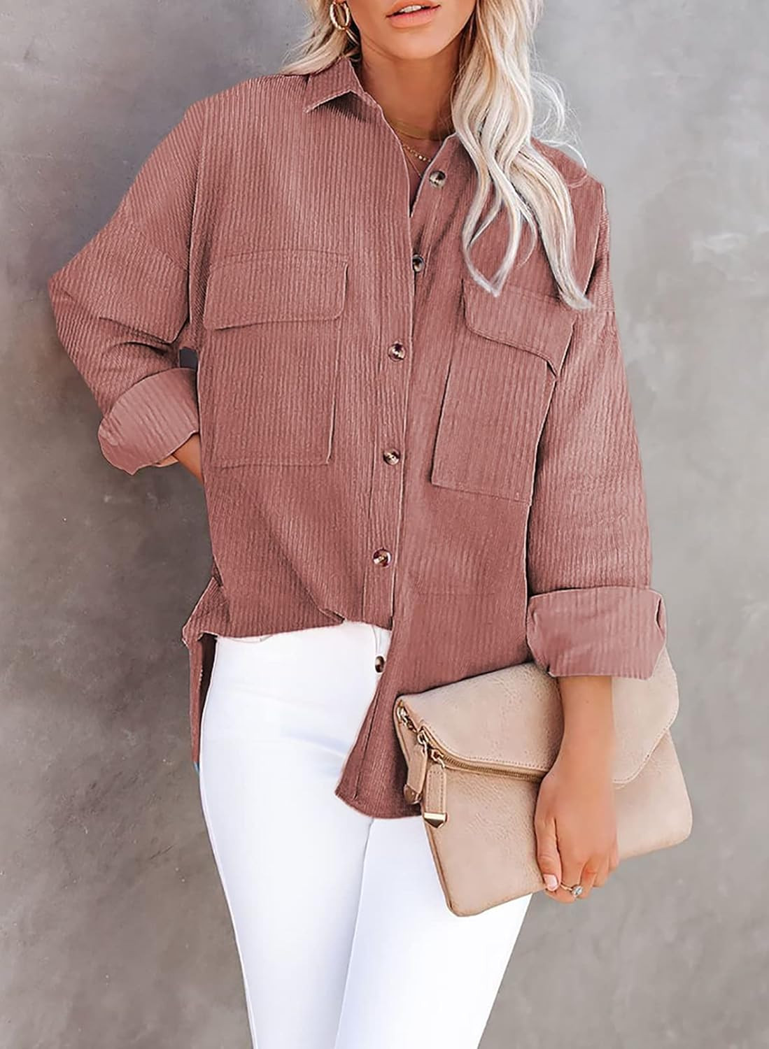 SHEWIN Womens Fall Shacket Jacket Corduroy Long Sleeve Button Down Shirt Collared Tops | Amazon (US)