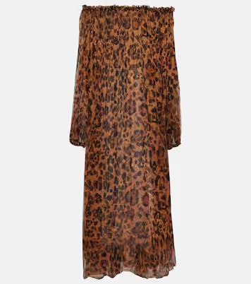 Leopard-print off-shoulder silk maxi dress | Mytheresa (UK)