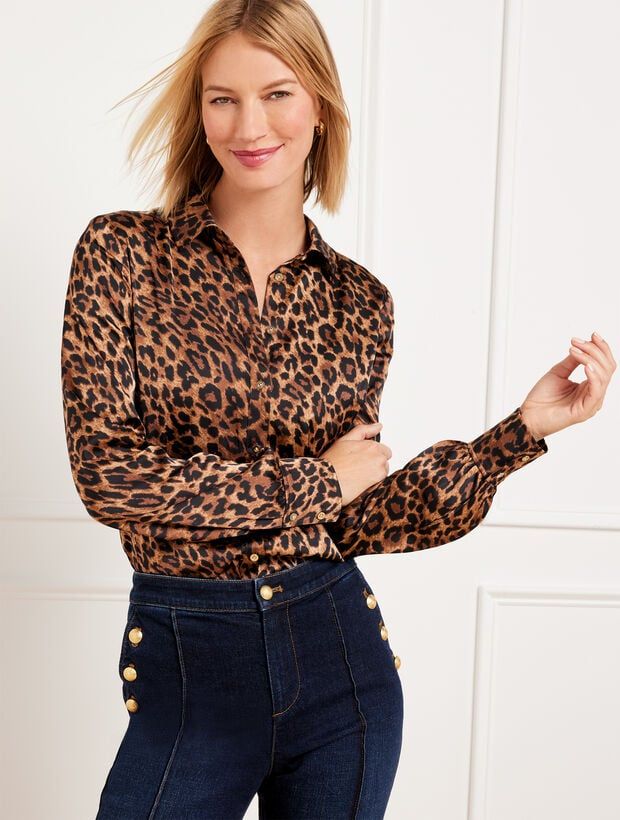 Soft Satin Charmeuse Button Front Shirt - Leopard | Talbots