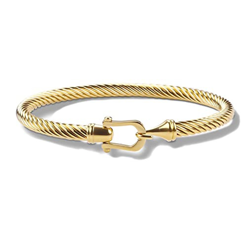 HX SHARE Twisted Cable Bracelet Stylish Fine Stainless Steel Cable Cuff Bracelet with Hook Clasp Bracelets Jewelry for Women Upgrade 18K Gold （7.6"） | Amazon (US)