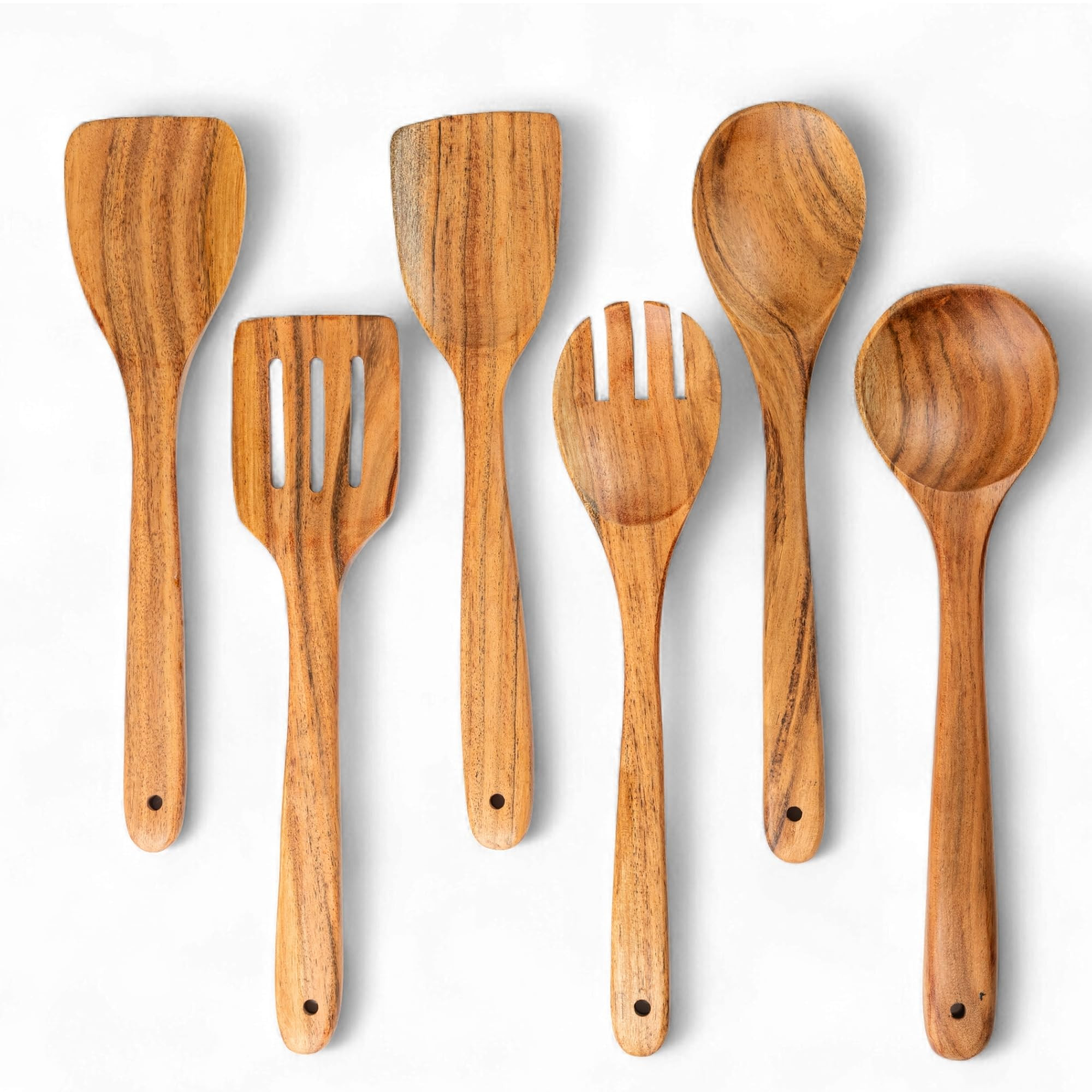 Mie Creations Acacia Wood Spatulas for Cooking, 6 Pcs Wooden Kitchen Cooking Utensils for Nonstick Pans & Cookware, Set of 6 Turner, Slotted Spatula, Spoon, Fork, Ladle, Sturdy Smooth Heat Resistant | Amazon (US)
