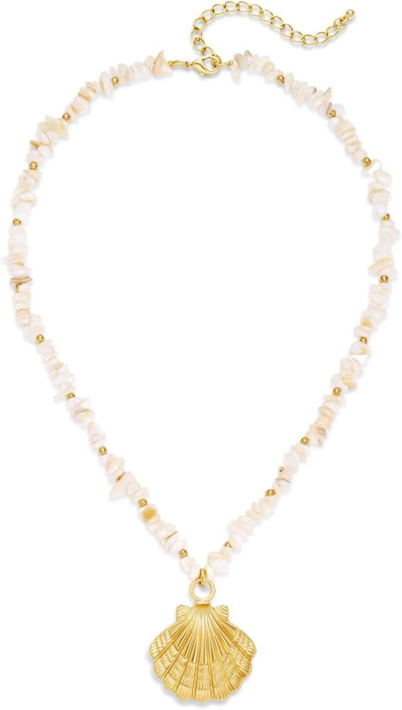 Boho Shell Pendant Necklace for Women Gold Seashell Pendant with Iridescent Shell Beads Summer Be... | Amazon (US)