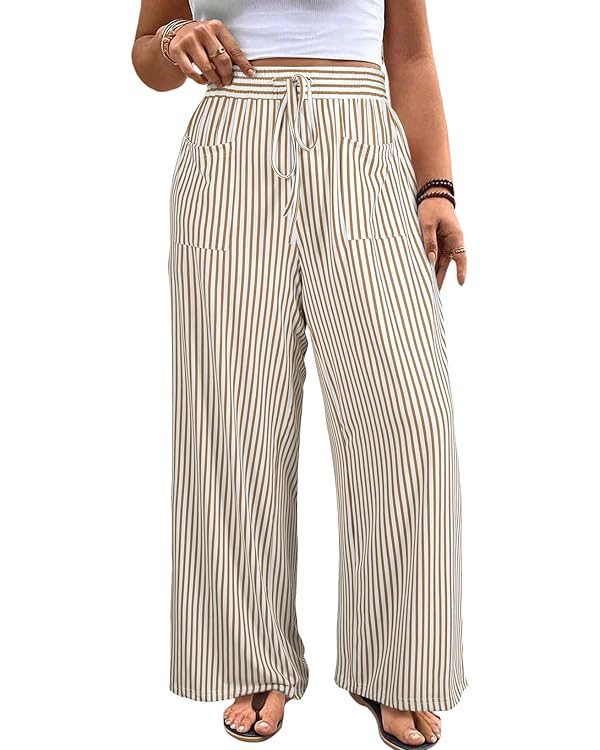 Eytino Womens Plus Size Wide Leg Pants Elastic High Waist Striped Casual Palazzo Pants Lounge Tro... | Amazon (US)