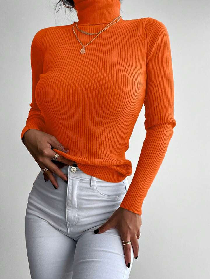 Solid Turtleneck Ribbed Knit Sweater | SHEIN USA | SHEIN