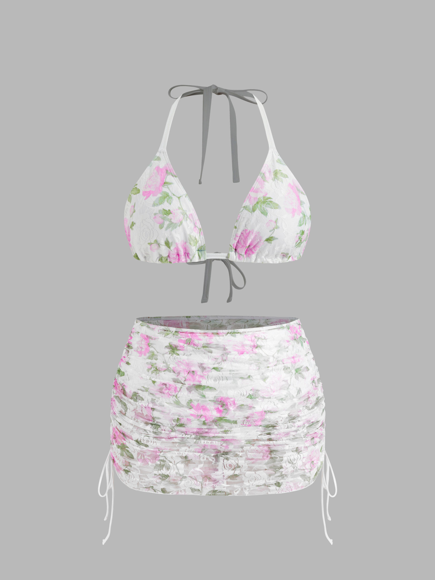 Strickstoff V-Ausschnitt Blumenmuster Knoten Halter Bikini-Set mit Zugschnürung Cover-Up-Skirt K... | Cider