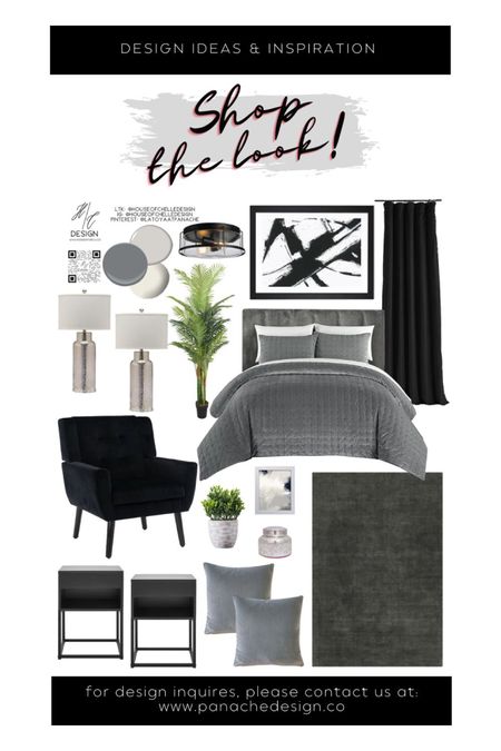 Gray and Black Modern Bedroom Decor | bedroom home decor | bedroom moodboard | bedroom concept board | bed, nightstand, bed bench, rug, side tables, side chair, nightstand lamps, table lamps, chandelier, ceiling fan, ceiling light, floor lamp, faux plants, vases, mirror, artwork, pillows, bedding, curtains, window treatments, candle holders, modern home, modern home decor, glam home. #moodboard

#LTKSale 

#LTKfamily #LTKstyletip #LTKhome