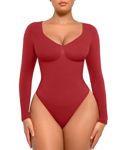 FeelinGirl Long Sleeve Body Suits Shapewear for Women Tummy Control Bodysuit Thong V Neck Tops Vermilion XS | Amazon (US)