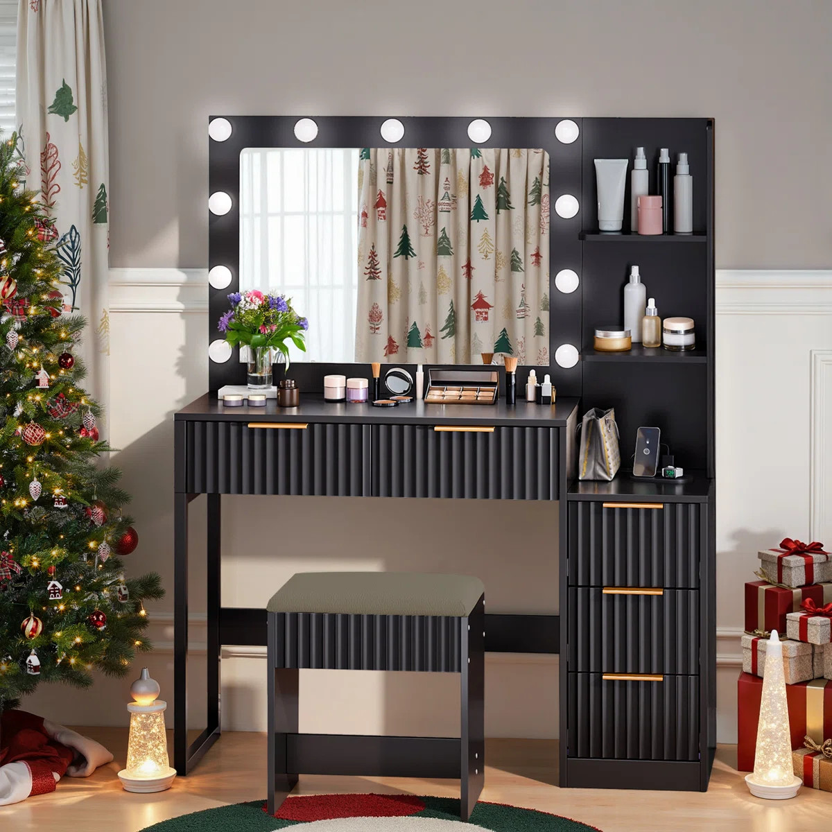 Lighted Vanity Set - 11pcs 3-Color Dimmable Bulbs, 5 Drawer | Wayfair North America