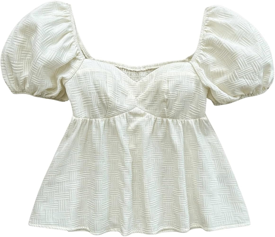 OYOANGLE Women's Textured Sweetheart Neck Blouses Puff Short Sleeve Ruffle Hem Cute Peplum Tops | Amazon (US)
