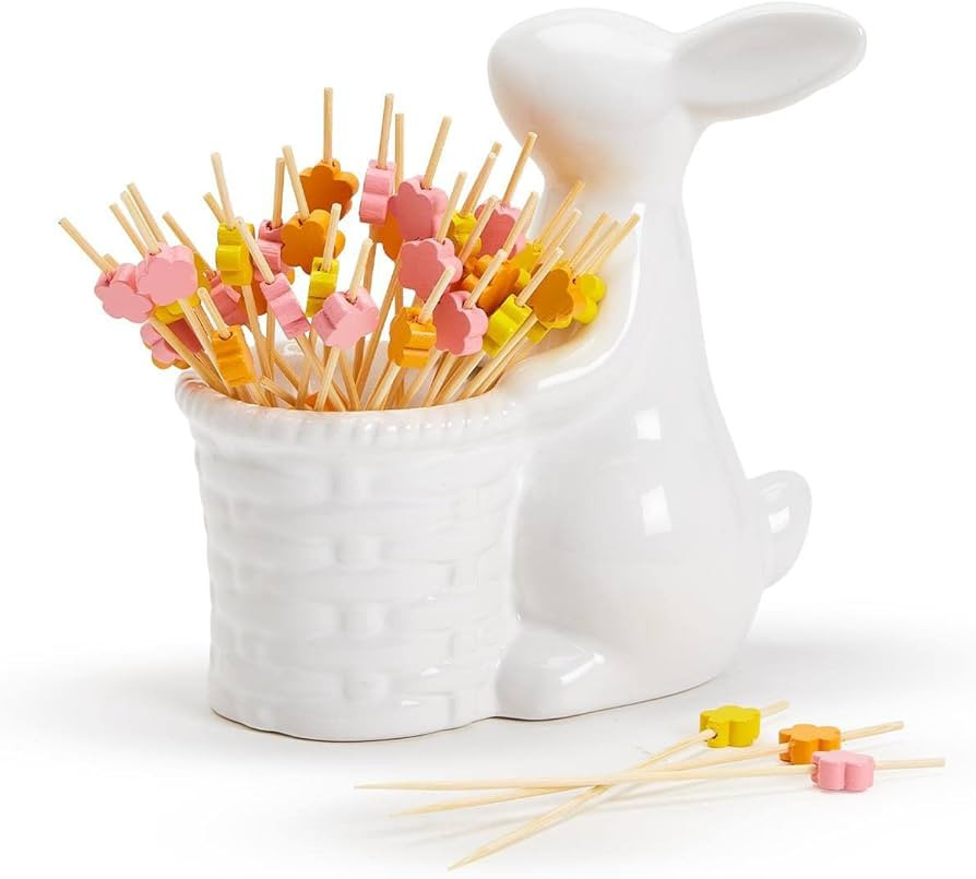 Two's Company Easter Bunny with 20 Multi-Colored Flower Picks, 4.5-inch Width, Dolomite and Bambo... | Amazon (US)