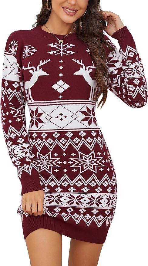 KOJOOIN Women's Cute Christmas Sweater Dress Long Sleeve Crew Neck Elk Floral Printed Oversized P... | Amazon (US)