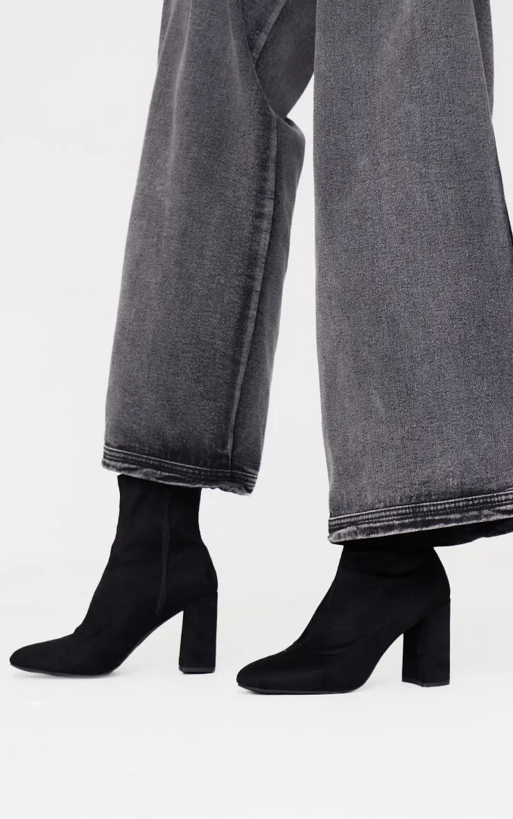 Boots | Black Faux Suede Round Toe Heeled Ankle Sock Boots | PrettyLittleThing | Debenhams UK