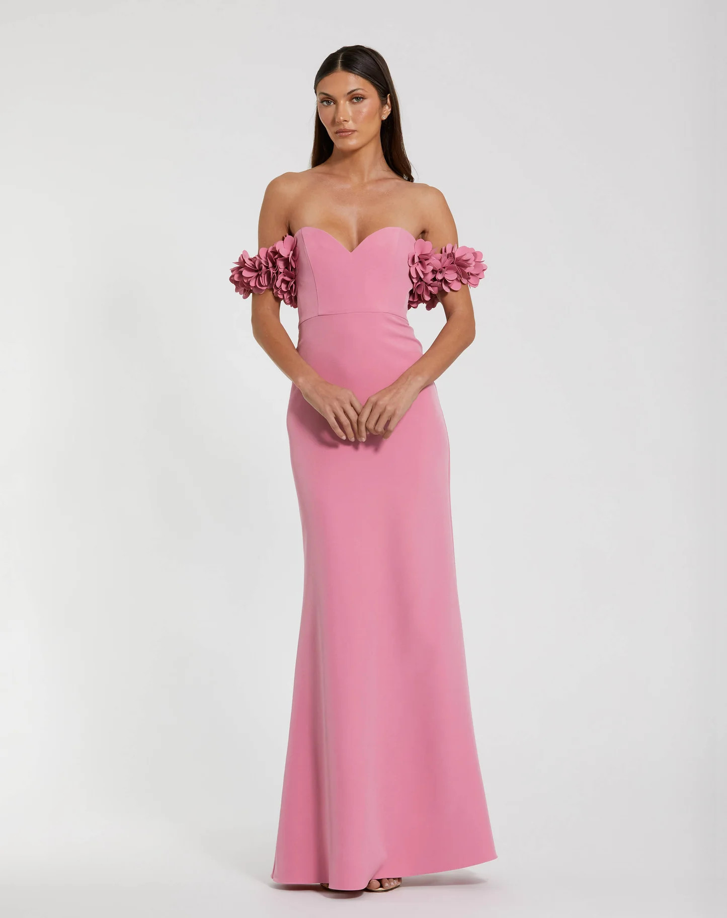 Pink Crepe Off The Shoulder Gown With 3D Flowers | Mac Duggal | Mac Duggal