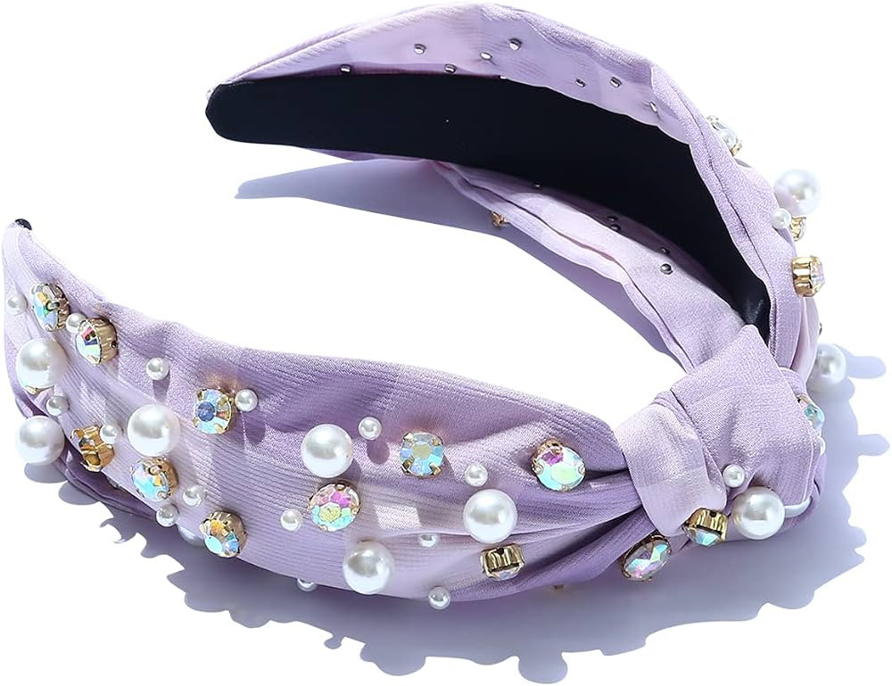 Beaded Knotted Women Headband Luxury Checkered Plaid Purple Jeweled Embellished Top Hairband Fash... | Amazon (US)