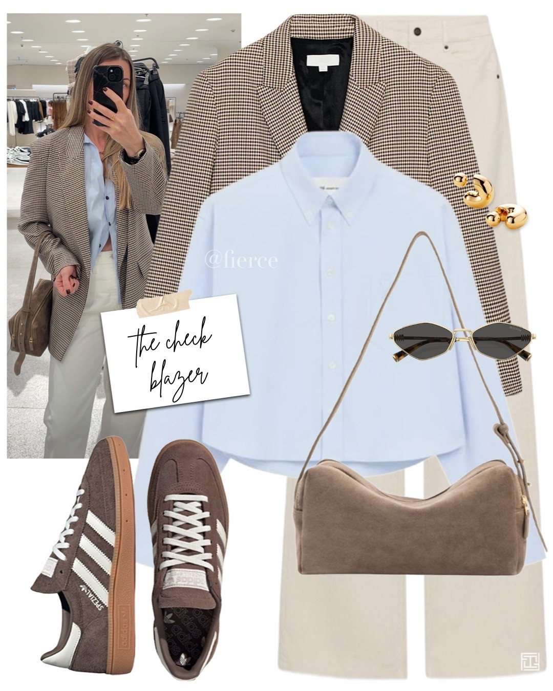 Check blazer cream jeans cropped blue shirt taupe suede bag adidas spezial comfy chic outfit 

#LTKspring #LTKeurope #LTKuk