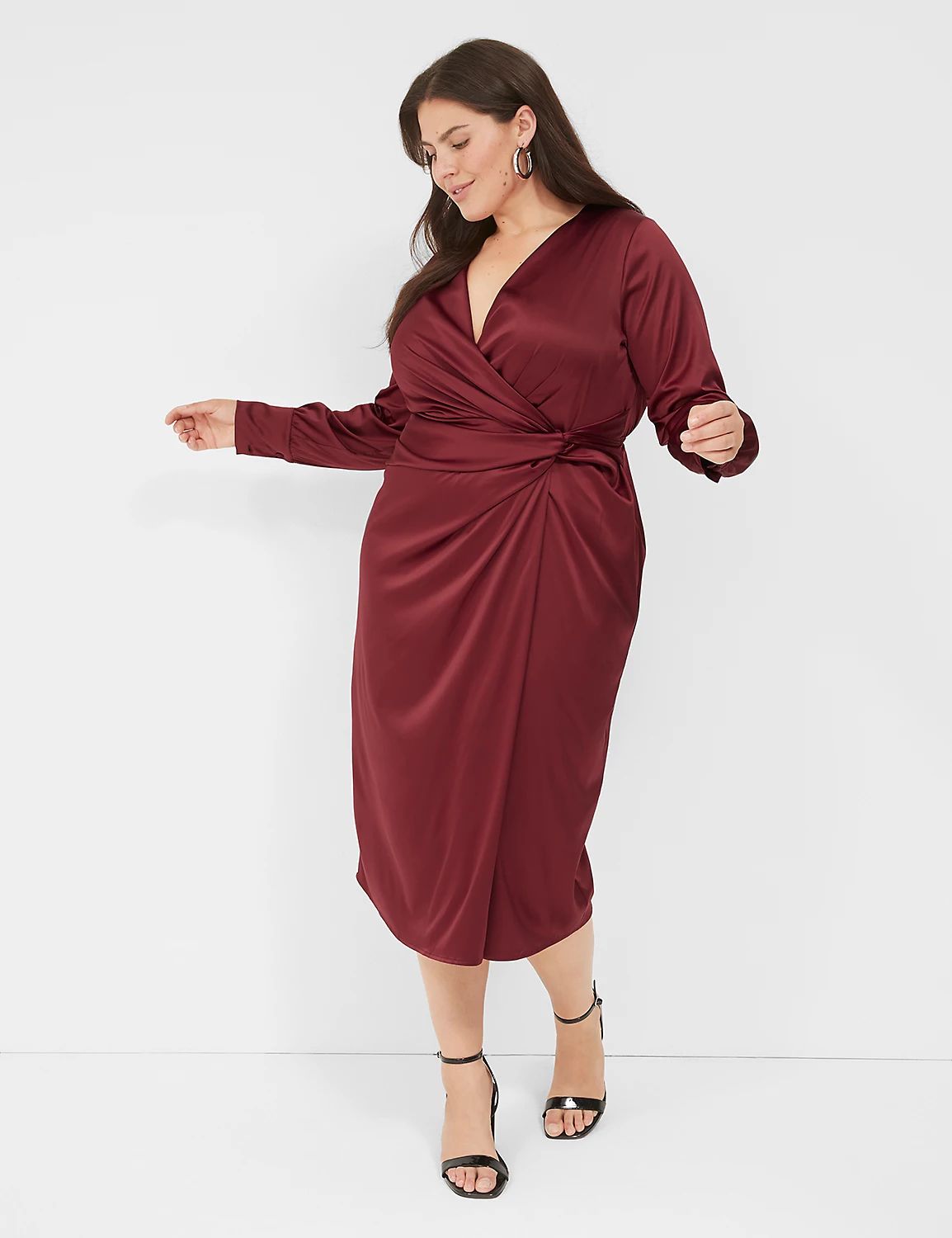 Stretch Satin Surplice Knot-Front Midi Dress | LaneBryant | Lane Bryant (US)