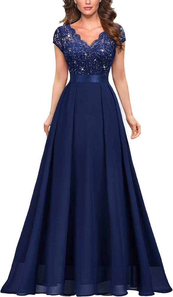 Miusol Women's V-Neck Sequined Floral Lace Formal Evening Maxi Dress | Amazon (US)