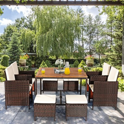 Costway 9PCS  Acacia Wood Patio Rattan Dining Set Cushioned Chairs Ottoman | Target