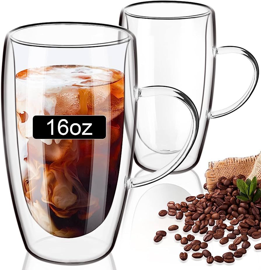 PARACITY Double Wall Glass Coffee Mugs 16oz with Handle, Coffee Cups Set of 2, Clear Borosilicate... | Amazon (US)