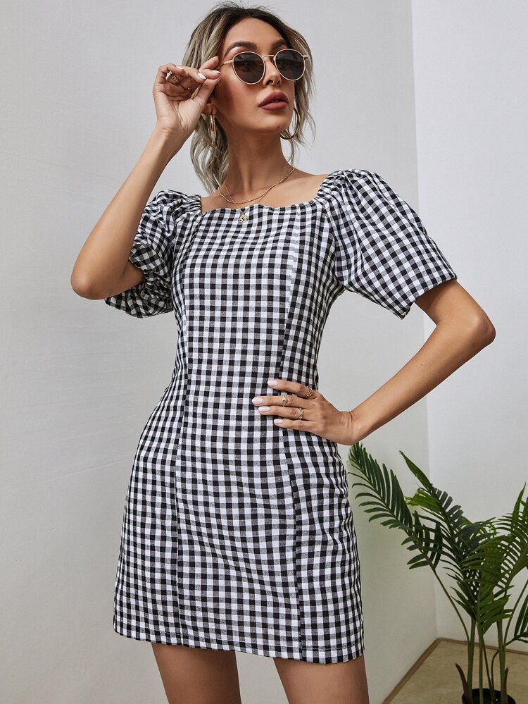 Gingham Square Neck Fitted Dress | SHEIN