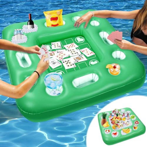 Floating Table for Pool Game, 40 x 40 in Floating Card Table for Pool with Food Drink Holders and Waterproof Playing Cards, Inflatable Floating Pool Table for Adults and Family Party (Green) | Amazon (US)