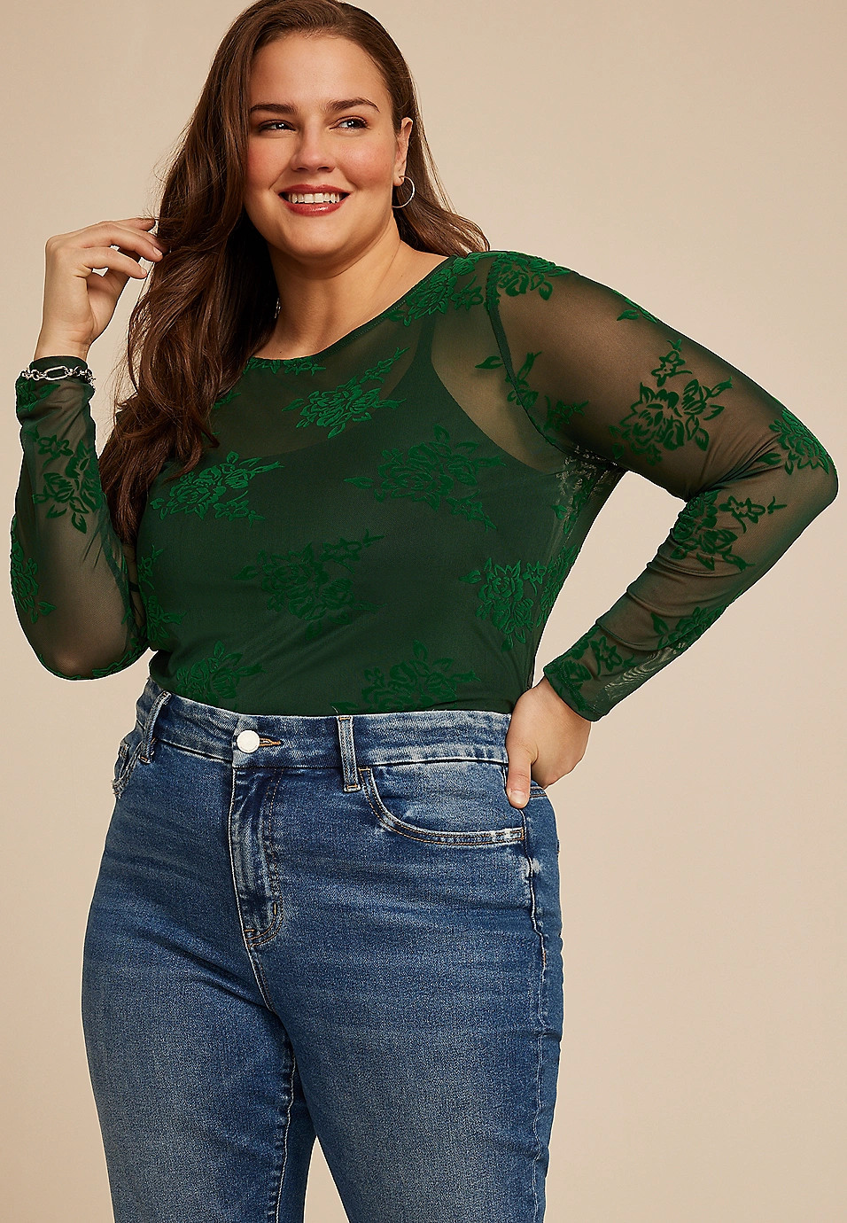 Plus Size Studio Y Flocked Floral Mesh Top | Maurices