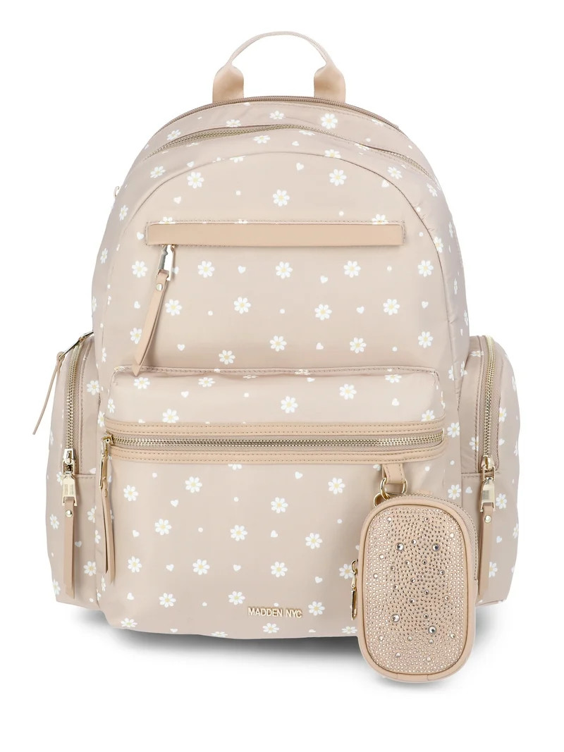 Madden NYC 18.5" Women's Dome Backpack with Front Pocket and Removable Pouch, Khaki Daisy | Walmart (US)