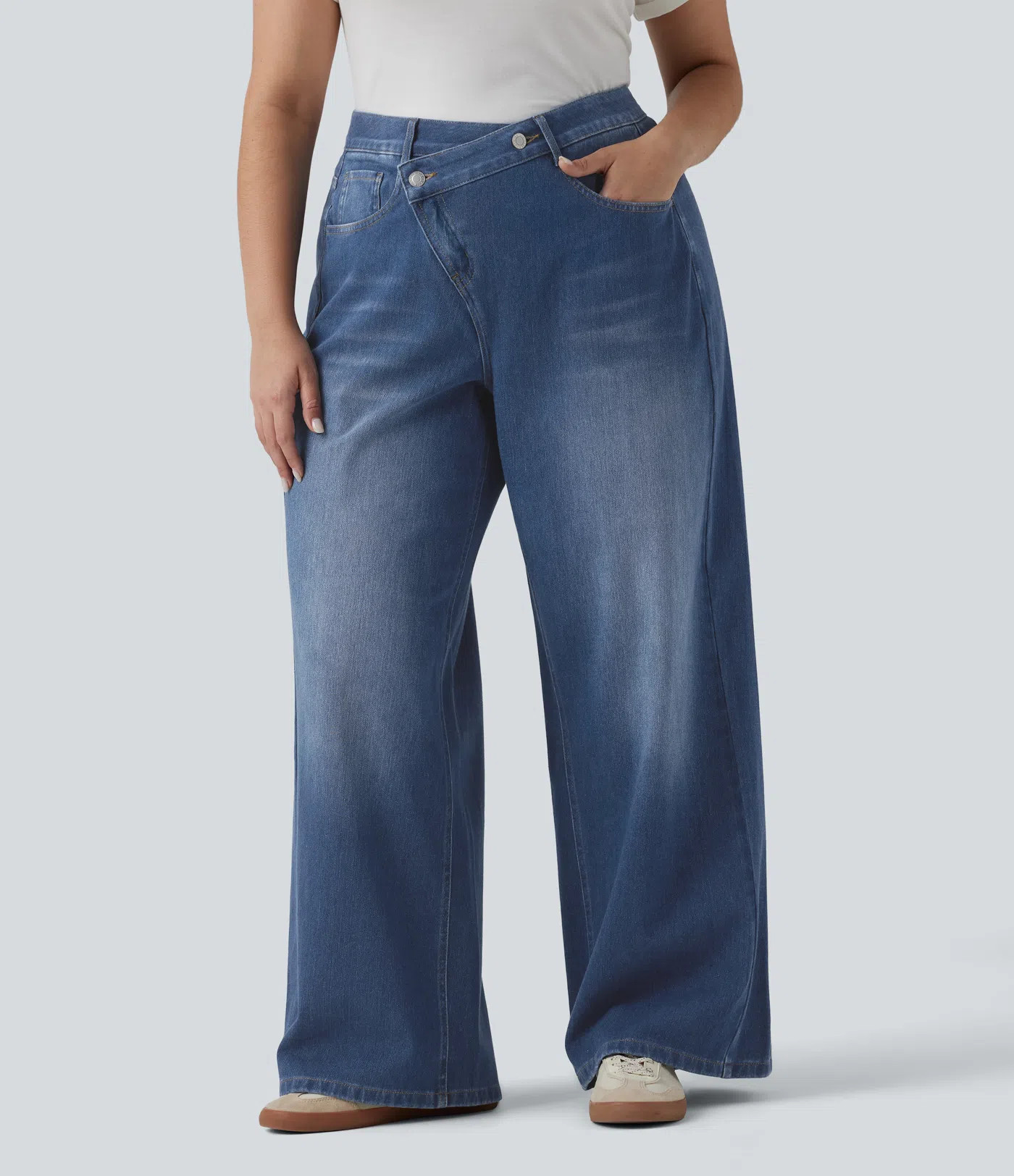 Halara Flex™ Asymmetric High Waisted Washed Casual Baggy Plus Size Jeans with Pockets | HALARA